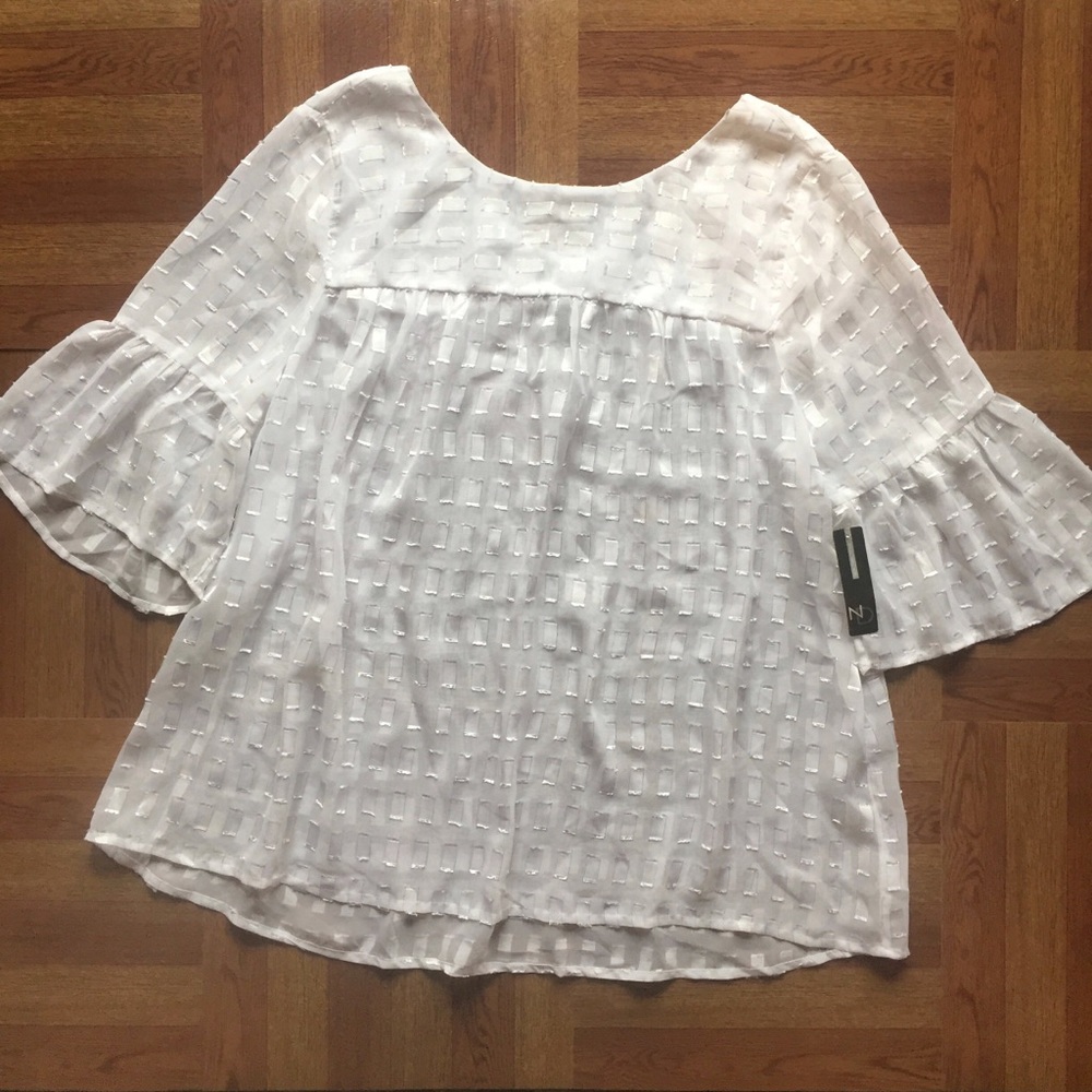 New Directions White Half Sleeve Sheer Blouse